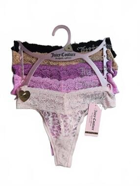 Juicy Couture 5 Pack Lace Thong Rhinestone Logo Panty Set NWT D/93